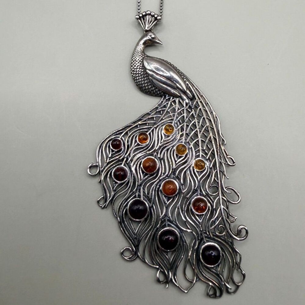 Sterling Silver Amber Peacock Necklace 925 Italy Vintage Style Pendant Chain